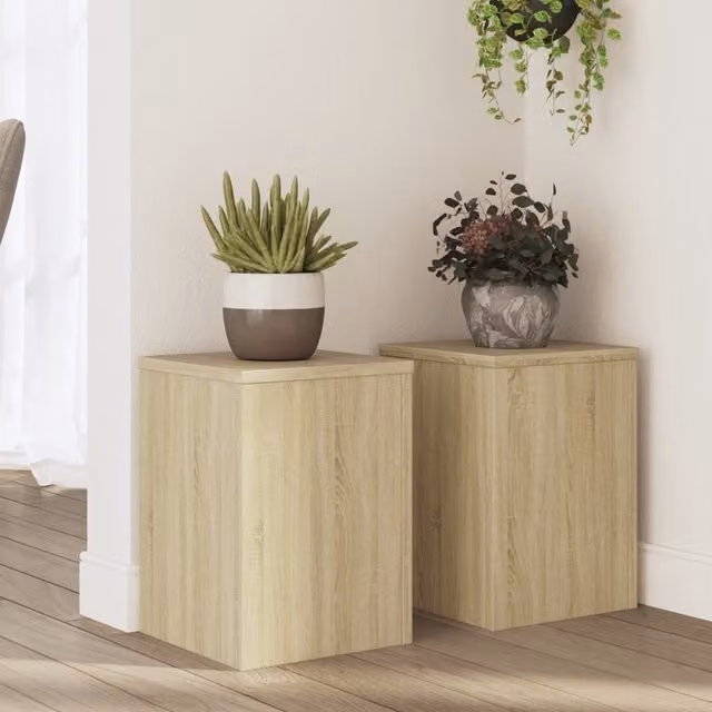 Berkfield Home Set of 2 Modern Sonoma Oak Plant Stands in Brown, W/D/H: 25 x 25 x 35 cm