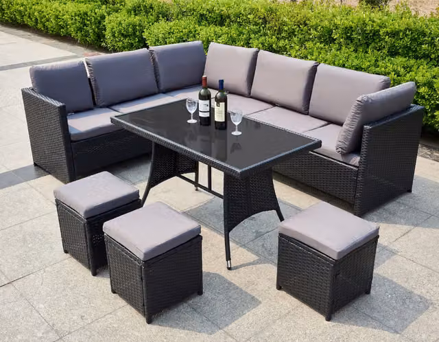 Life Interiors Algarve 9 Seater Rattan Outdoor Furniture Set with Table in Black and Grey