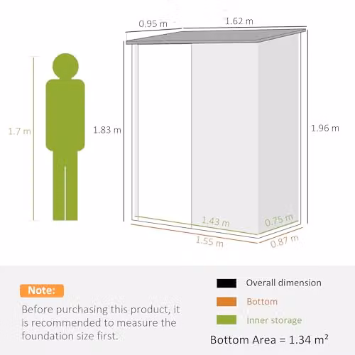 Outsunny Metal Lean-to Garden Storage Shed with Single Lockable Door in Grey, W: 161.5 cm, D: 94.5 cm, H: 196 cm – 6