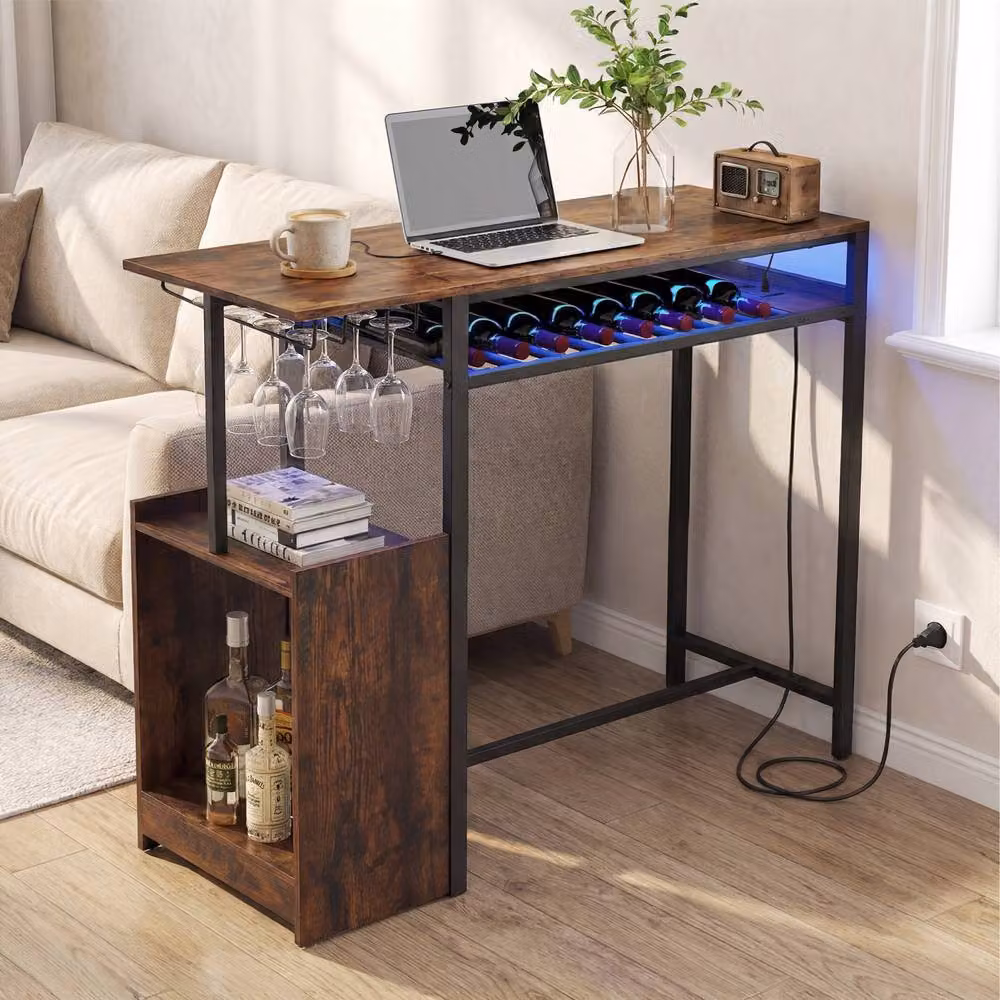 Costway Rectangular Industrial Bar Table in Brown with 8-Bottle Wine Rack and Stemware Racks – 3