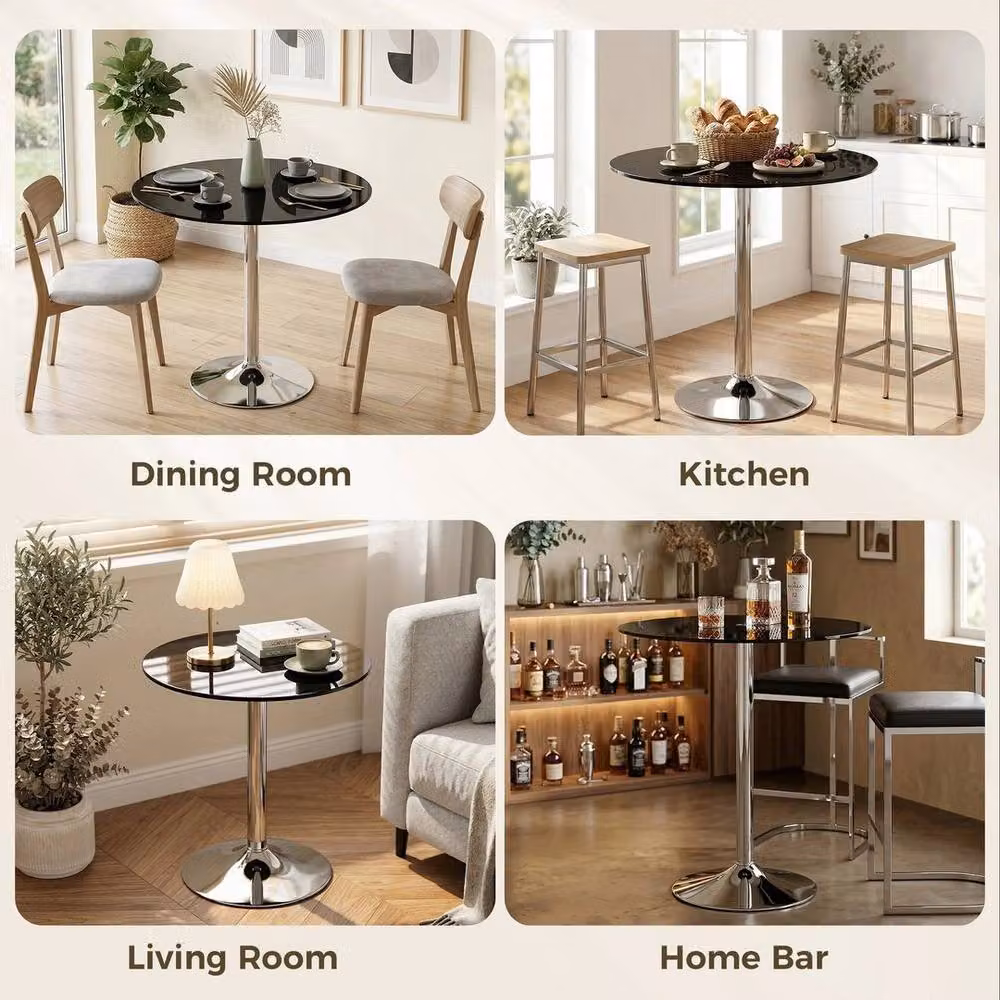 FORGEVIO Round Glass Bar Table with Glossy Black Central Column – 3
