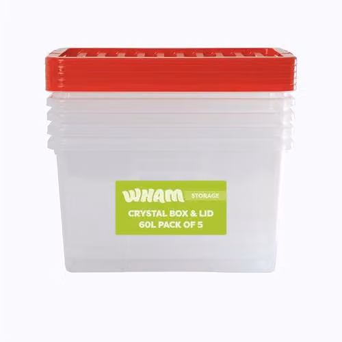 Wham Crystal Stackable Plastic Storage Boxes with Red Lids, 60L, Pack of 5, Transparent