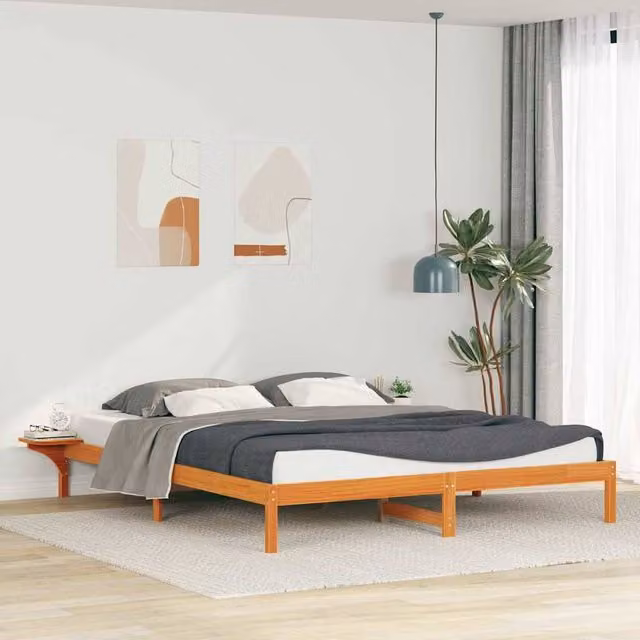 Berkfield Home Wax Brown Solid Pine Bed Frame with Side Tables, W/D/H: 200 x 210 cm – 1