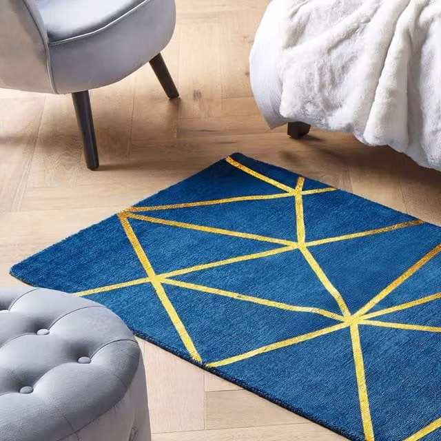 Wyld and Coco Handloomed Blue and Gold Geometric Area Rug, W: 80 cm, L: 150 cm – 1