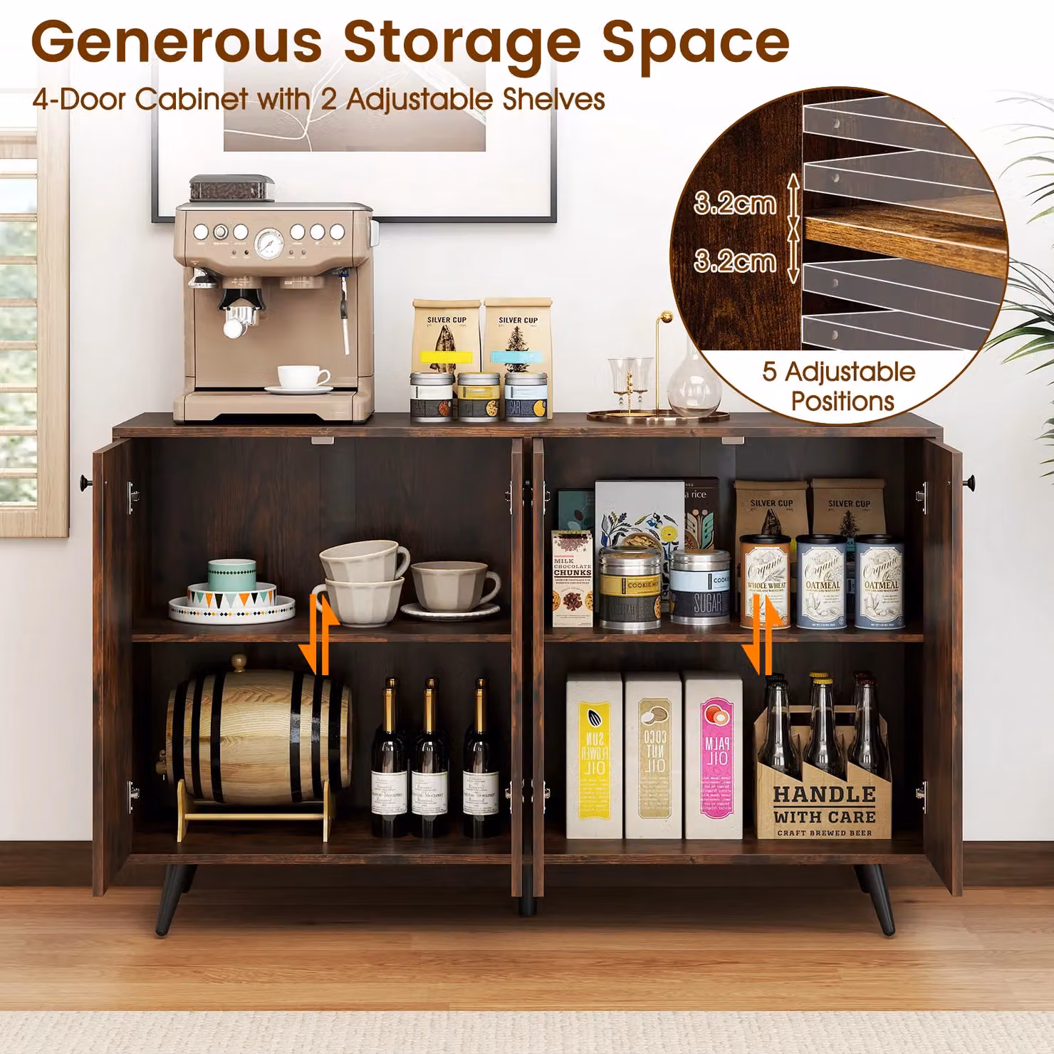 Costway Mid Century Modern 4-Door Buffet Sideboard Storage Cabinet in Brown – 7