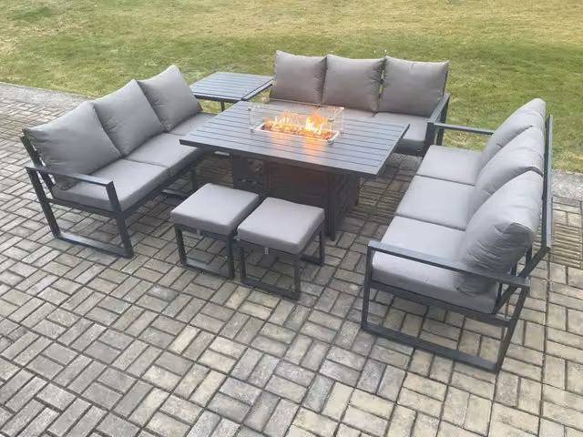 Fimous 11 Seater Grey Powder Coated Aluminium Garden Furniture Set with Gas Fire Pit Dining Table, Lounge Sofa, 2 Footstools and Side Table