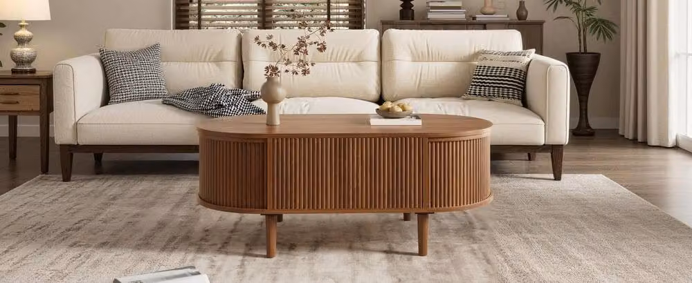 Merax Walnut Oval Lift Up Coffee Table with Fluted Storage Base in Brown – 6