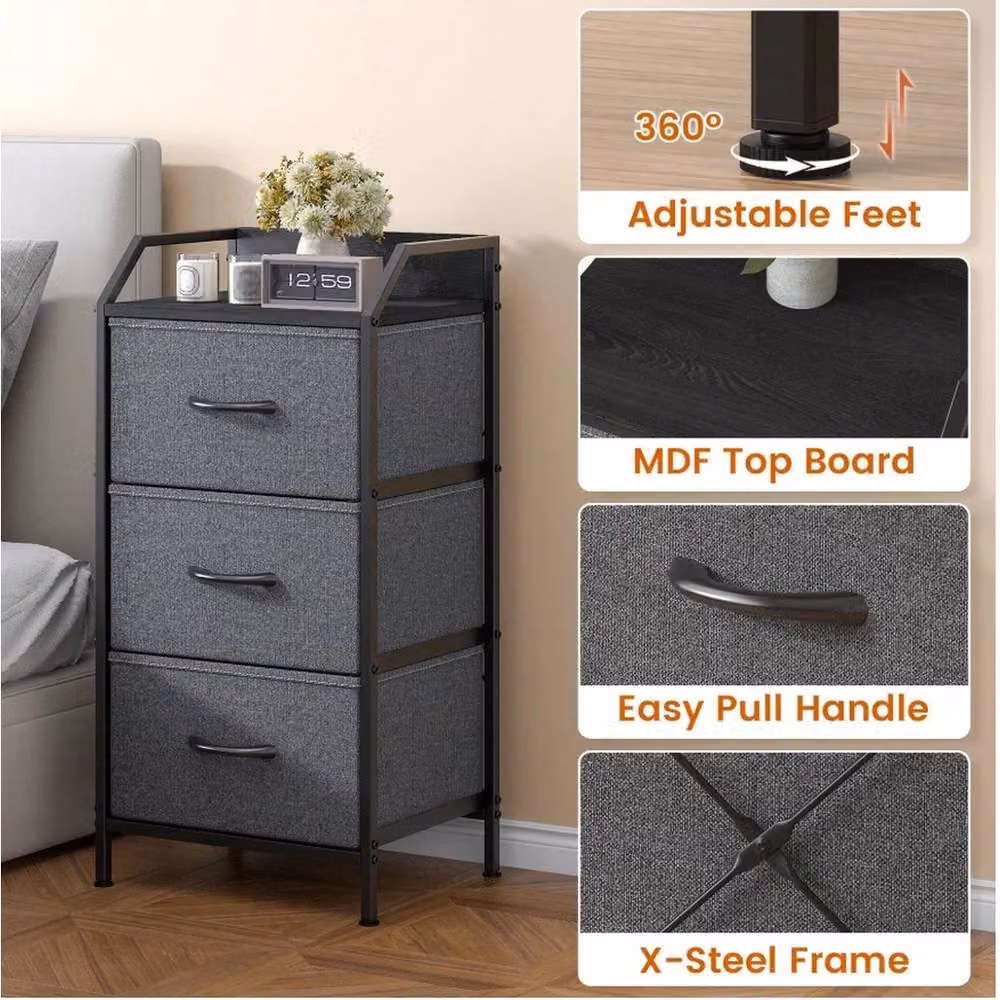 VOGREX Modern 3 Drawer Bedroom Storage Chest with Steel Frame in Dark Grey – 3