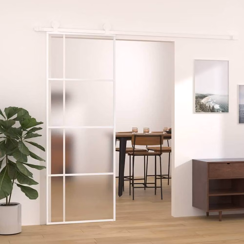 Berkfield Home Modern Sliding Door in White Aluminium and Frosted Glass, W: 76 cm, H: 205 cm – 2