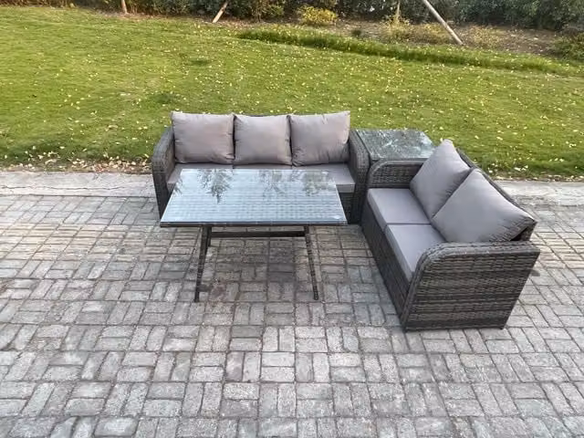 Fimous High Back PE Rattan Garden Furniture Set in Dark Grey with 3 Seater Sofa, Side Table and Dining Table