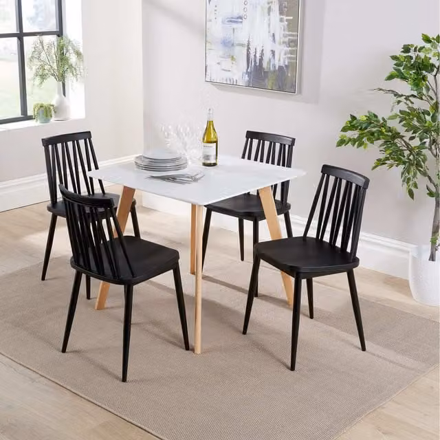 Home Source Trinity Square Dining Set with 4 Lucy Chairs in Black and White