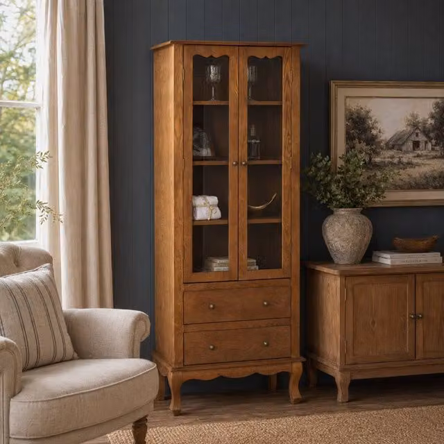 Melody Maison Ashwell Tall Freestanding Display Cabinet with Glass Doors in Brown – 1