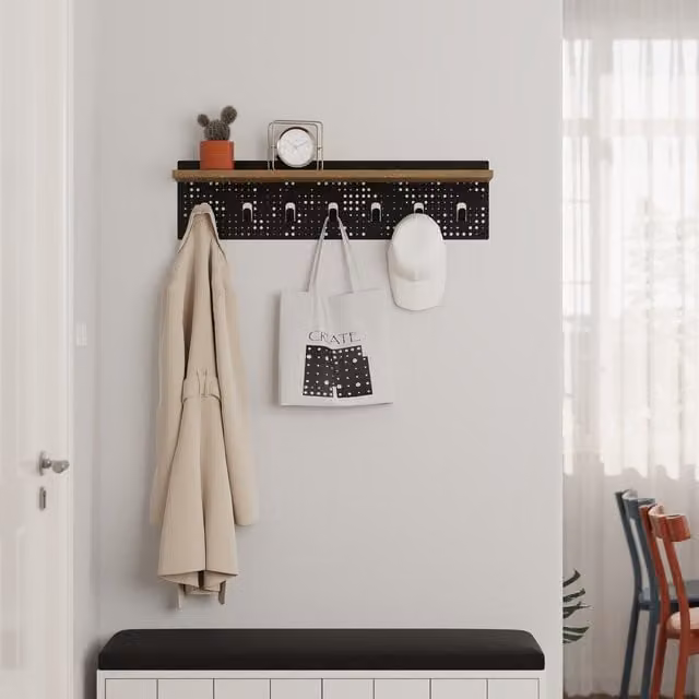 Decortie Poppy Modern Hanger Shelf with 7 Hooks in Oak Brown