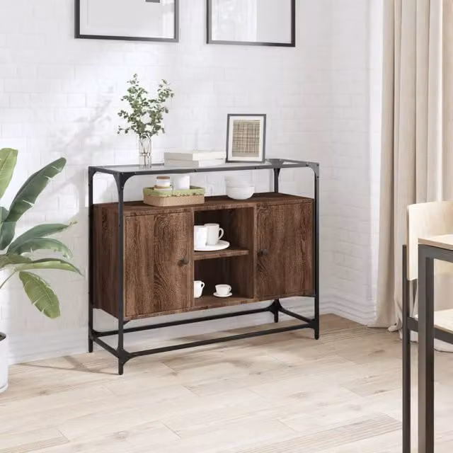 Berkfield Home Sideboard in Brown Oak with Glass Top, W/D/H: 98 x 35 x 81 cm – 1