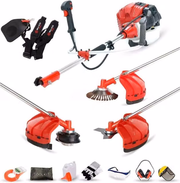 BU-KO 52cc Petrol Strimmer and Brush Cutter with 3T Blade, Wire Brush and String Trimmer in Red and Black