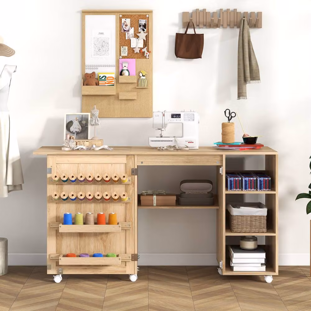 Costway Folding Sewing Table and Craft Station with 18 Pegs and 2 Bins in Natural Wood Finish – 2