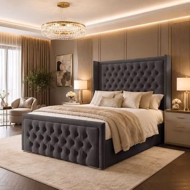 Desire Deco Luxury Wingback Chesterfield Bed Frame in Anthracite Grey Velvet, W/D/H: 140 x 200 cm