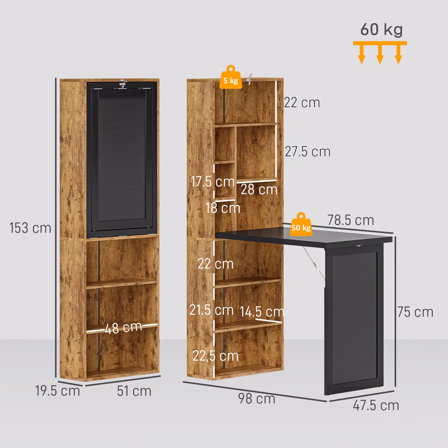 HOMCOM Folding Computer Desk with Blackboard and Side Shelf, Rustic Brown – 3