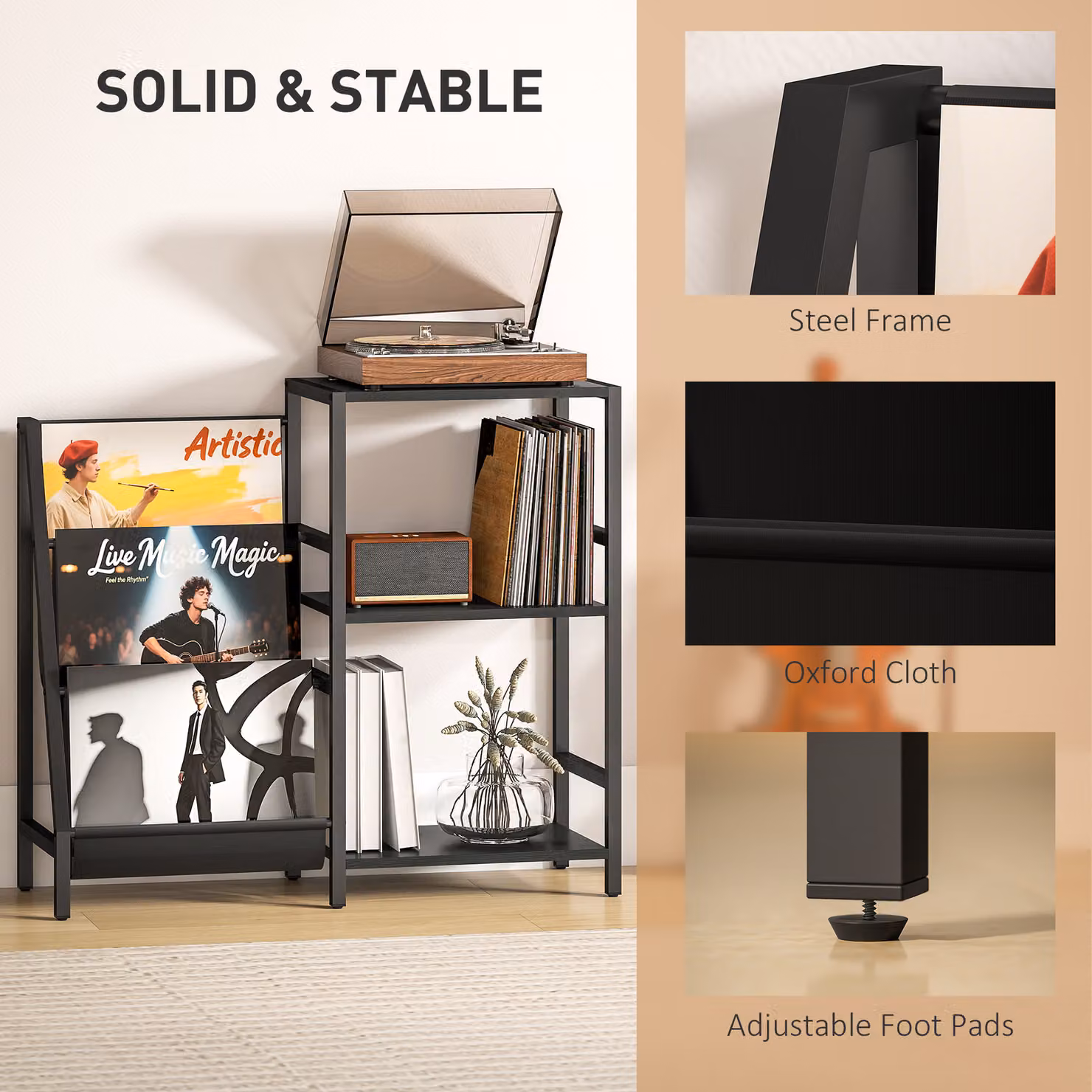 HOMCOM 3-Tier Record Player Stand and End Table in Black Wood Effect – 5