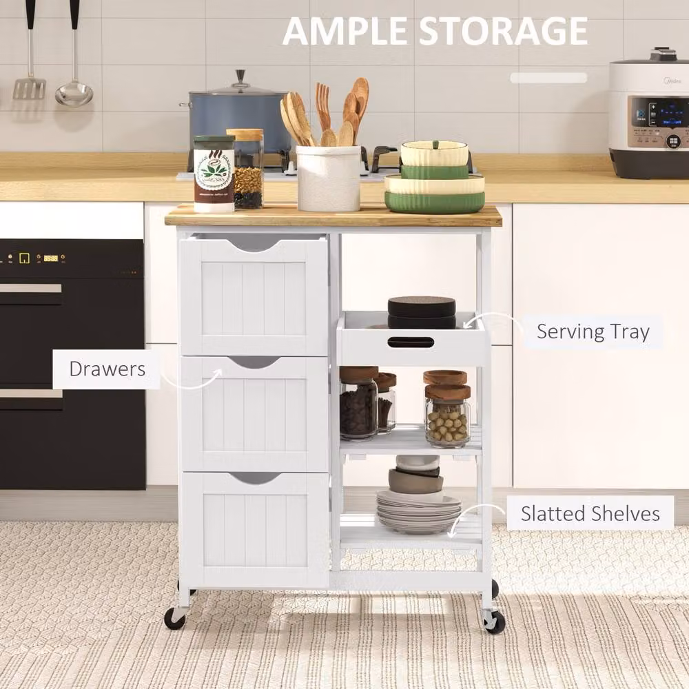 STILVORA Modern White Lacquered Wood Kitchen Island Cart with Drawers and Shelves – 3