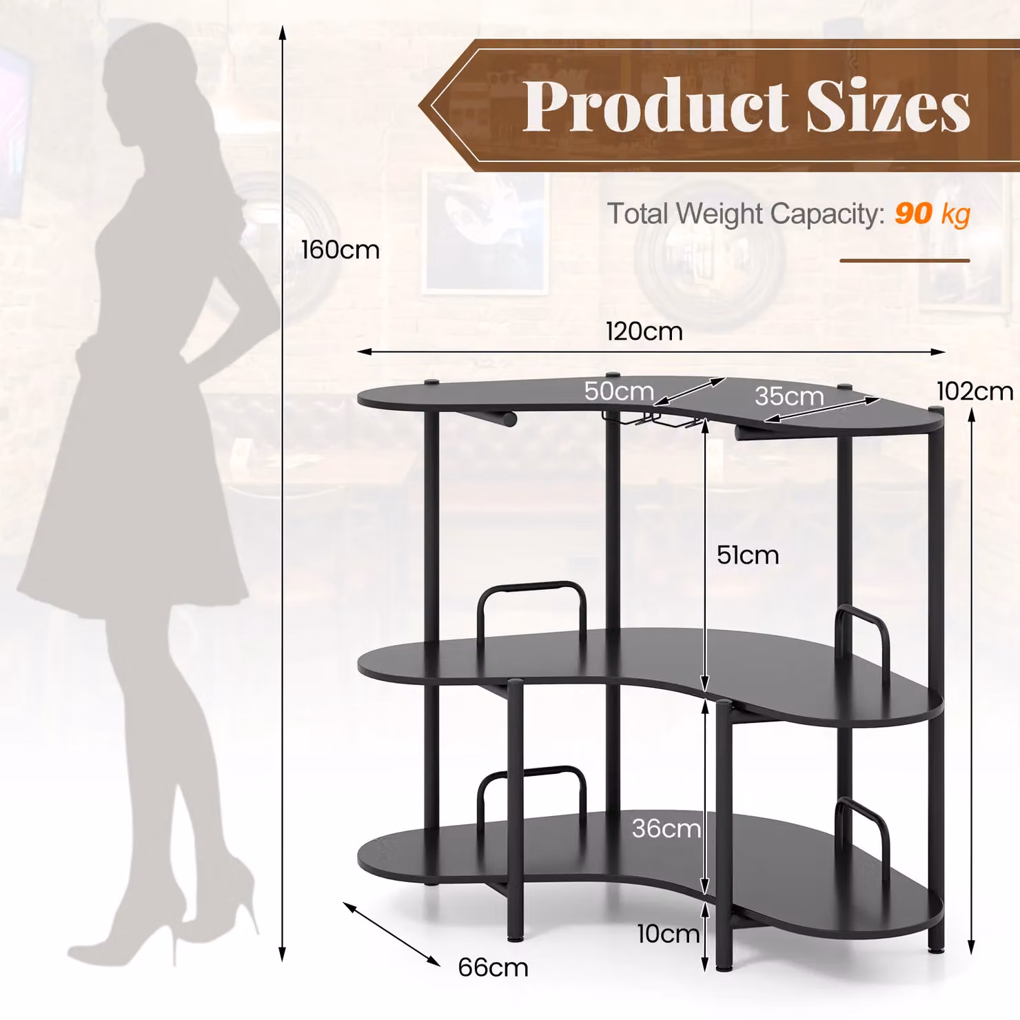 Gymax 3-Tier Industrial Corner Bar Unit with Wine Glass Holder in Black – 2