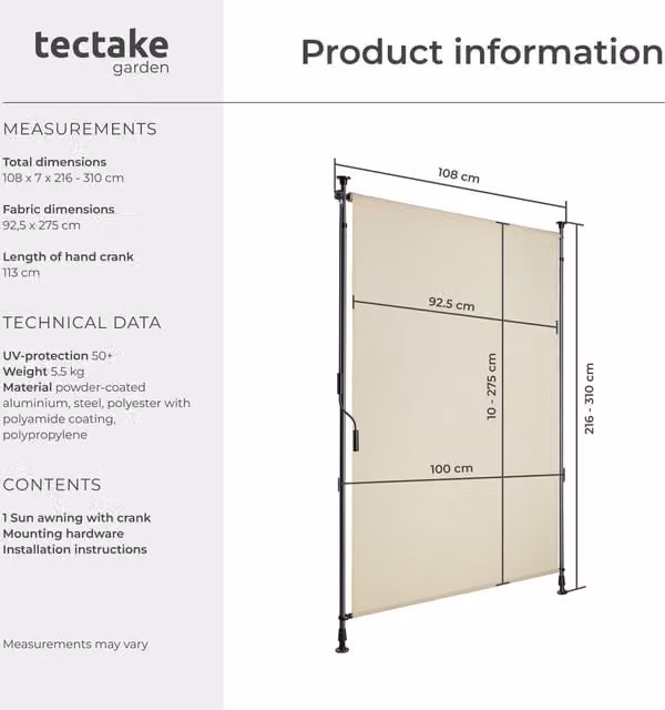 Tectake Taija Clamp Awning with Hand Crank in Beige