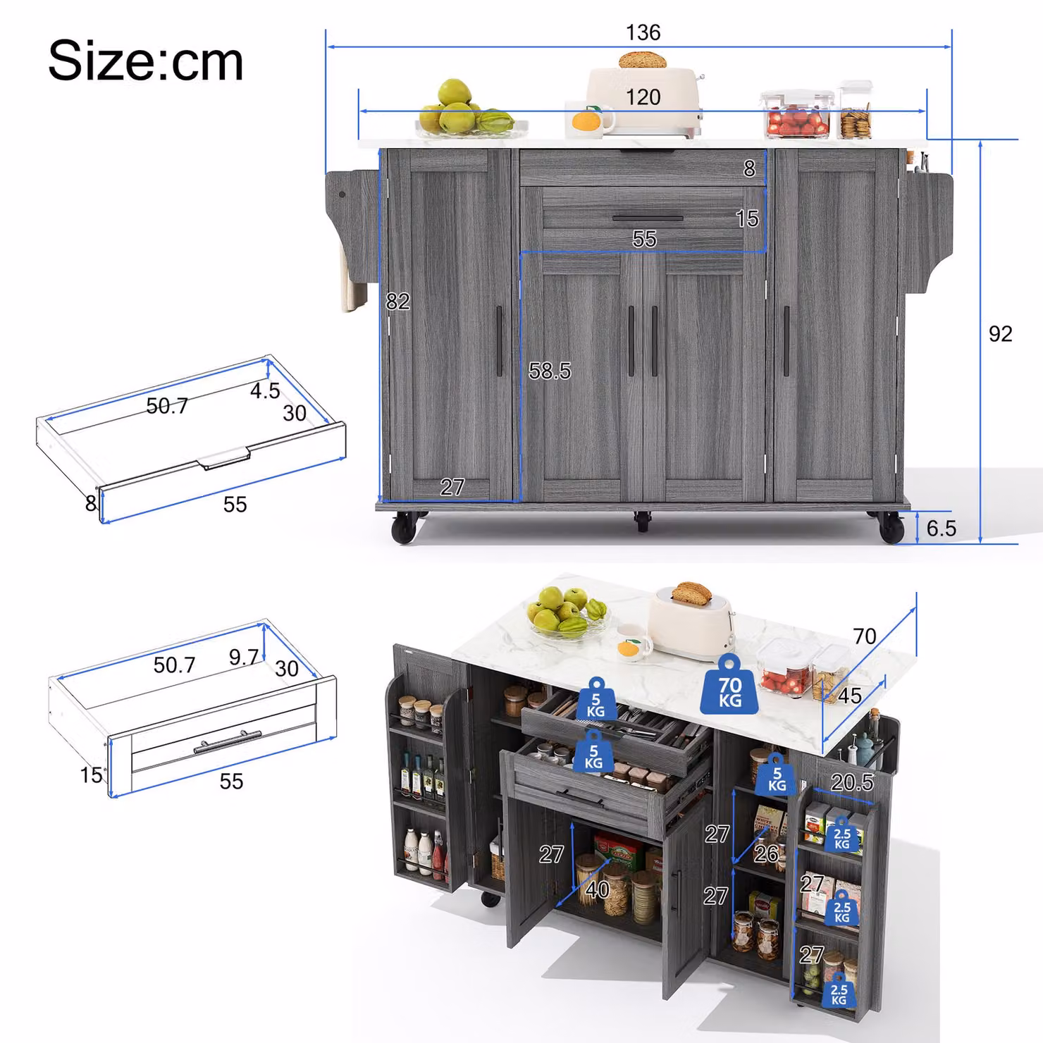 Aosom UK Grey Kitchen Trolley with Fold-Out Worktop and Lockable Castors, W/D/H: 70 x 136 x 92 cm – 3