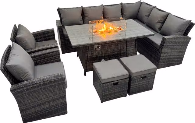 Fimous Rattan Corner Sofa Set with Gas Fire Pit Table and 2 Footstools in Dark Grey