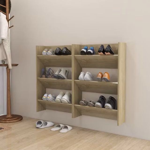 Berkfield Home Set of 2 Wall Mounted Shoe Cabinets in Sonoma Oak Brown, W/D/H: 60 x 18 x 90 cm
