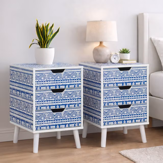Birlea Santorini Pair of 3 Drawer Bedside Cabinets in Blue and White Shabby Chic Style – 1