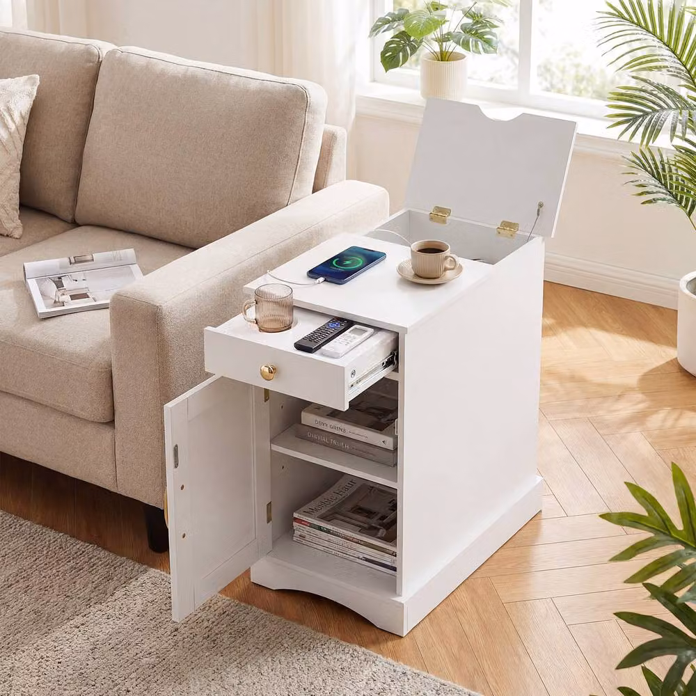 Costway White End Table with Charging Station and Narrow Bedside Design – 2