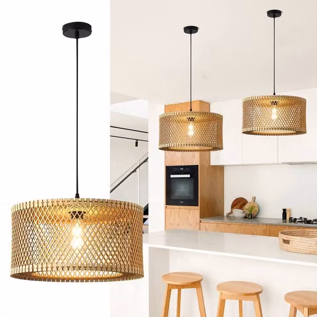 NIVOR Adjustable Dimmable Boho Wooden Caged Pendant Light in Tan with E27 Socket – 1