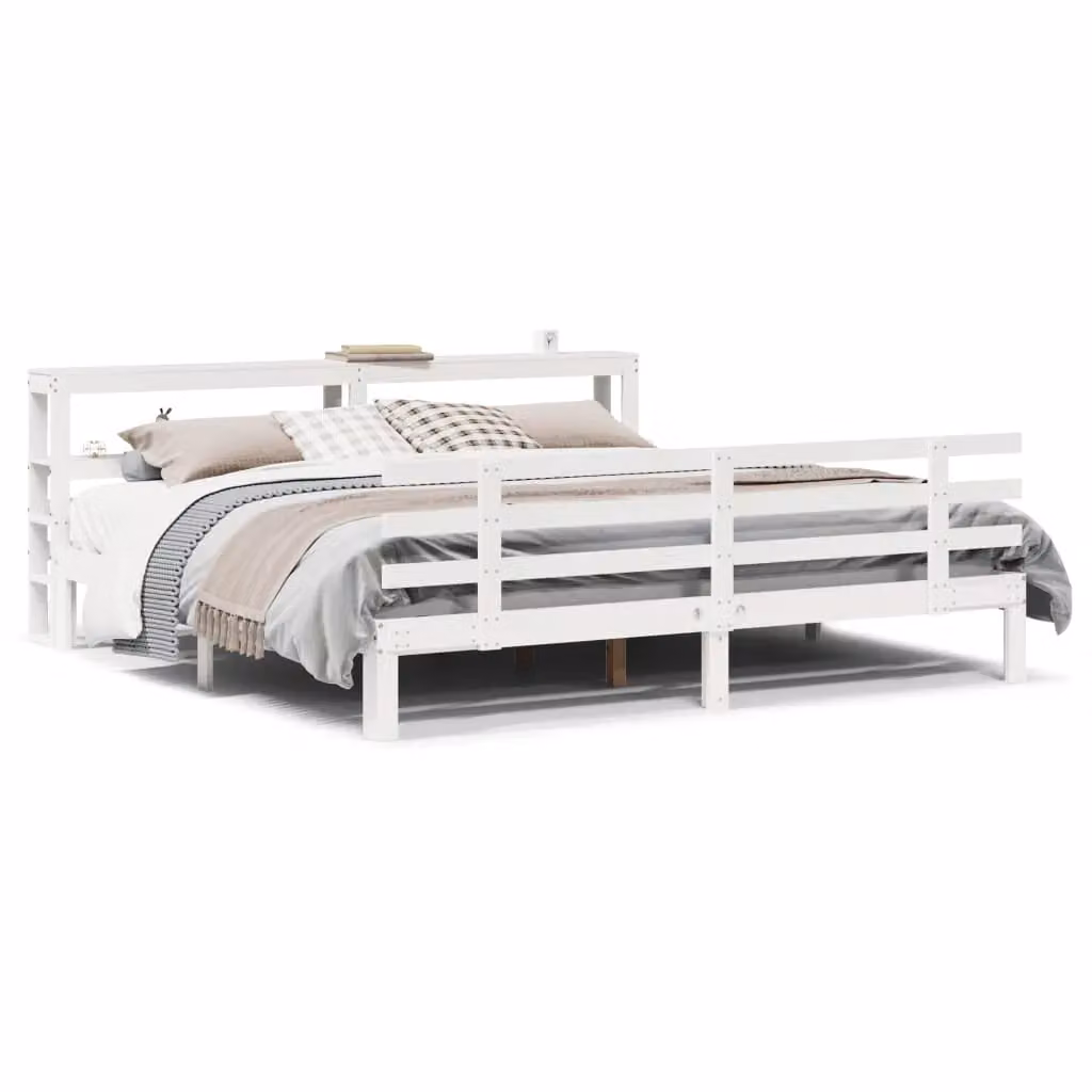 Berkfield Home White Pine Bed Frame with Headboard and Side Compartments W/D/H: 200 x 200 x 82 cm – 2