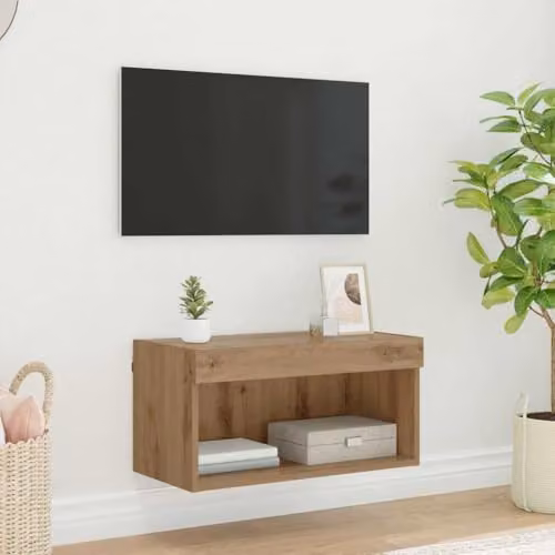 vidaXL Modern Wall Mounted TV Cabinet Set in Oak Brown with Integrated Lighting and Internal Shelves, W/D/H: 60 x 30 x 30 cm – 2