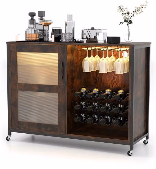 COSTWAY Rustic Brown Wood Wine Bar Cabinet with Integrated Lighting and Castors