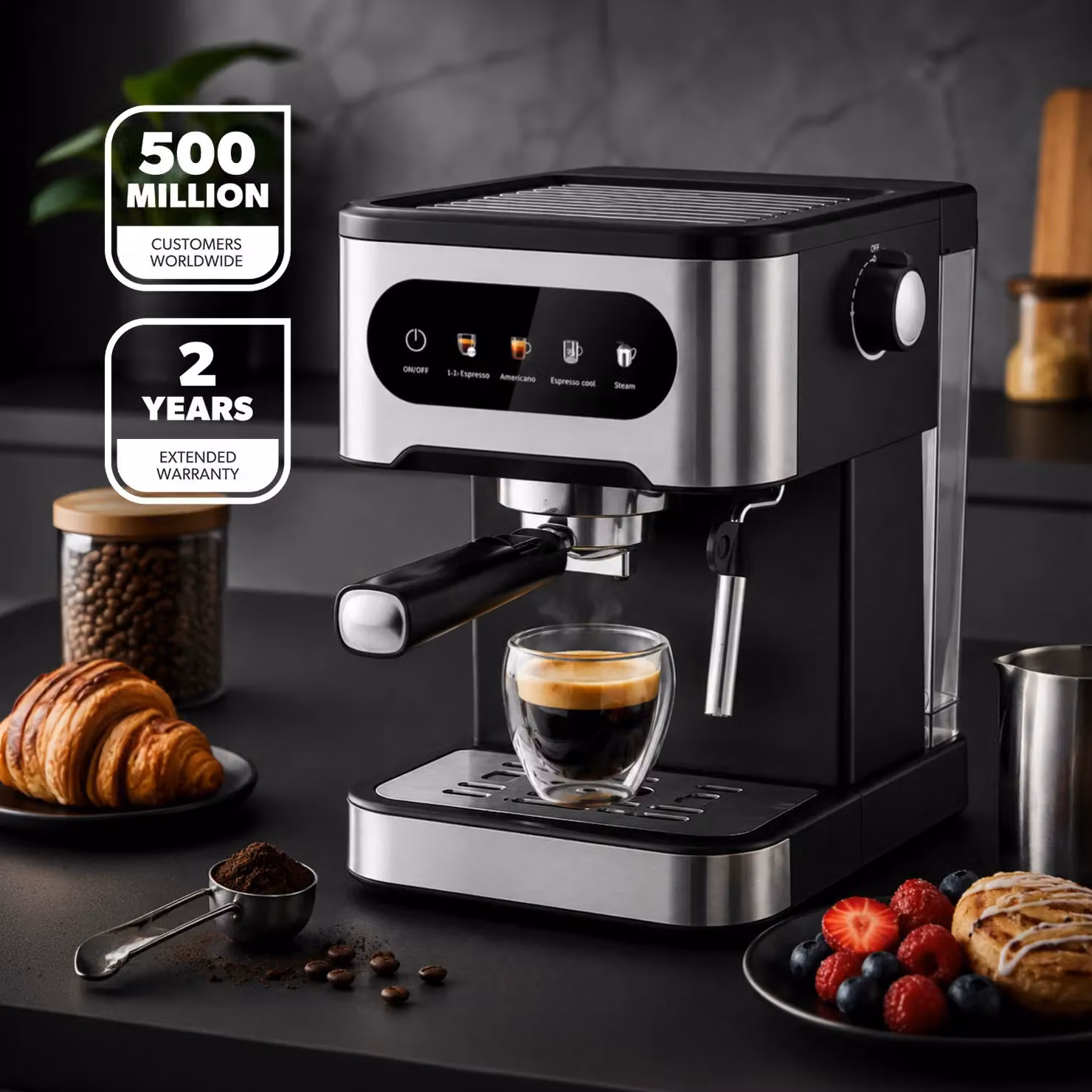 Geepas 20-Bar Espresso Coffee Machine with Milk Frother and 1.5 l Tank in Black – 2