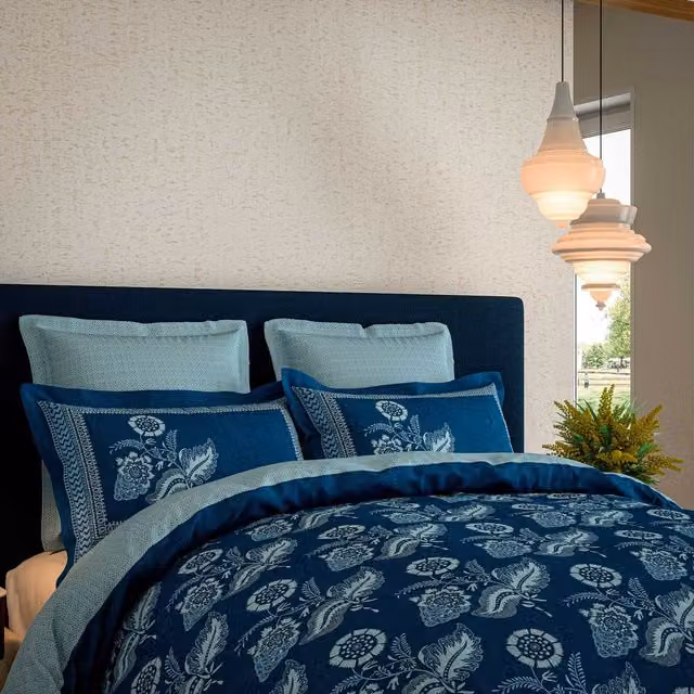 V&A Eastern Bloom Cotton Percale Duvet Cover and Pillowcase Set, Blue, W: 180 cm, H: 200 cm