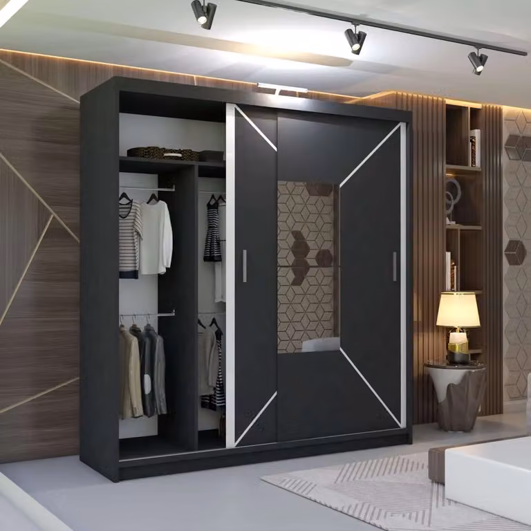 MN Furniture Naxos Black Sliding Mirror Wardrobe with Integrated LED Lighting W/D/H: 203 x 217 cm