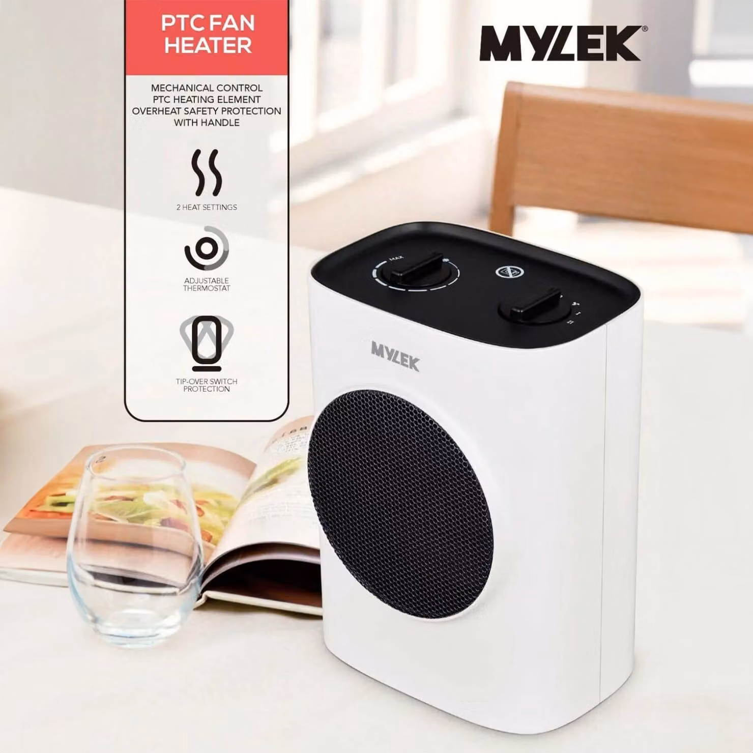 MYLEK 1.5kW Ceramic PTC Fan Heater with Adjustable Thermostat in White – 2