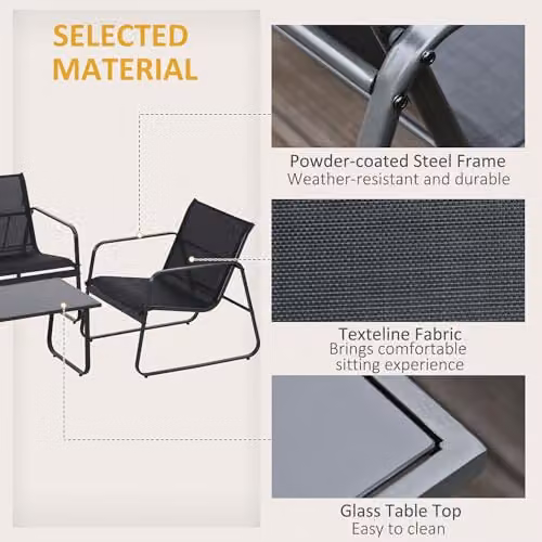 Outsunny 4 Piece Garden Furniture Set in Black with Upholstered Cushions, 2 Seater Sofa, Armchairs and Glass Top Coffee Table – 3