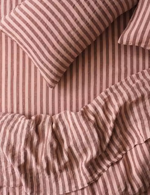 Piglet In Bed Pembroke Stripe Pure Linen Fitted Sheet, Pink Mix, W/D/H: 180 x 200 cm