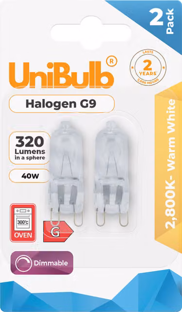 UniBulb Halogen G9 Capsule Bulb, 40W, 320lm, 2800K Warm White, Transparent Glass, Pack of 2