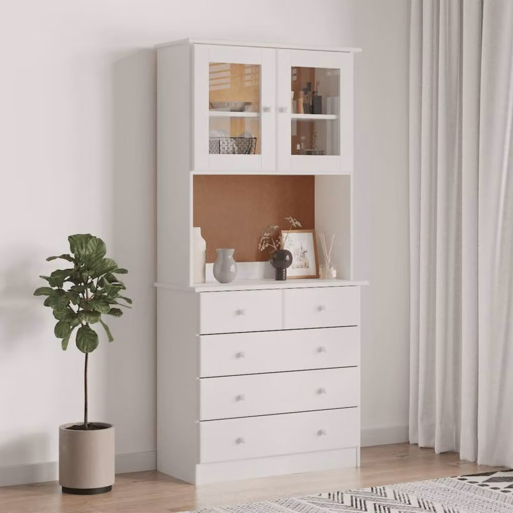 Berkfield Home ALTA Highboard in White Solid Wood Pine with Glass Doors, W/D/H: 77 x 35 x 165 cm – 2