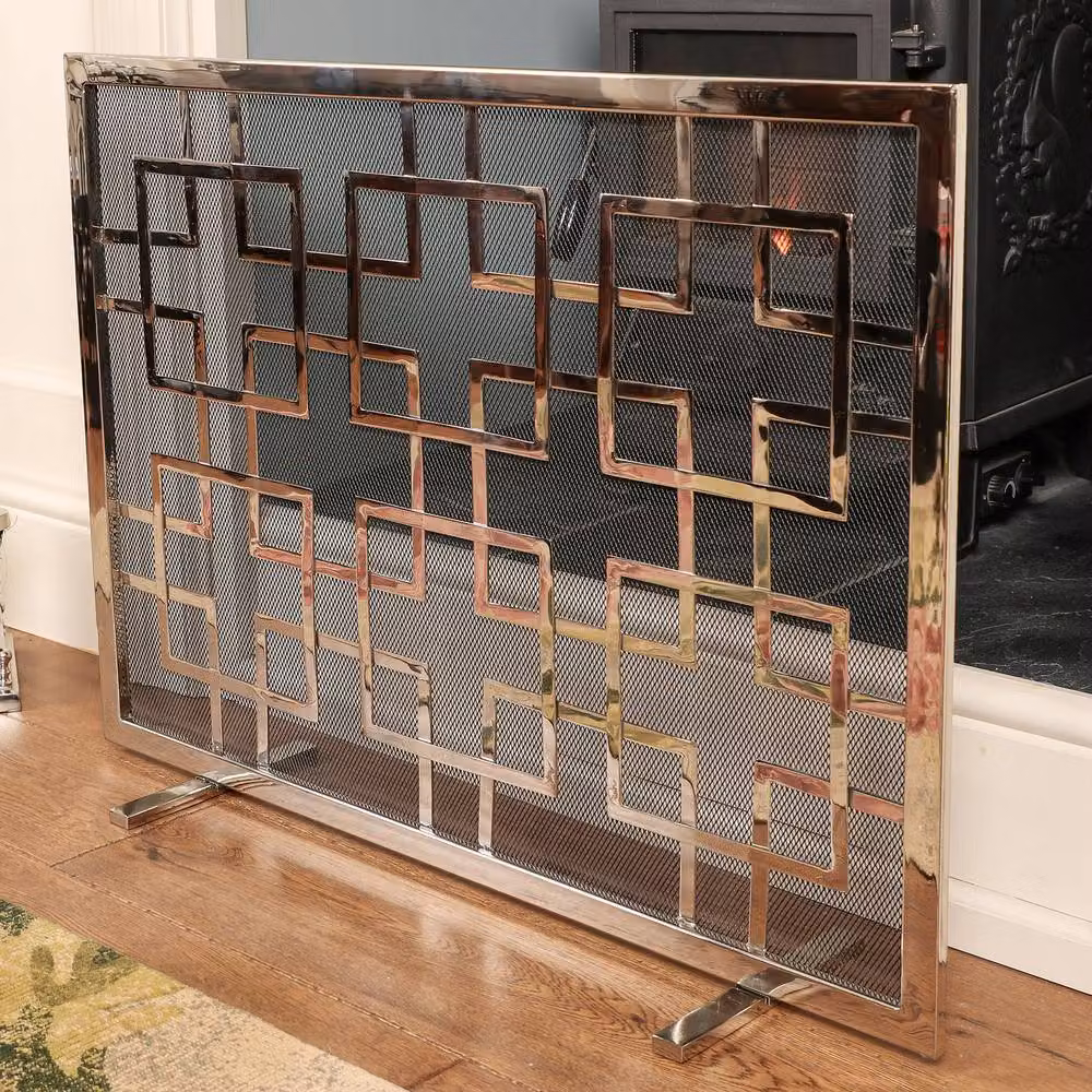 Dibor Contemporary Nickel 4pc Freestanding Fireside Companion Set with Fire Screen Guard in Silver – 2