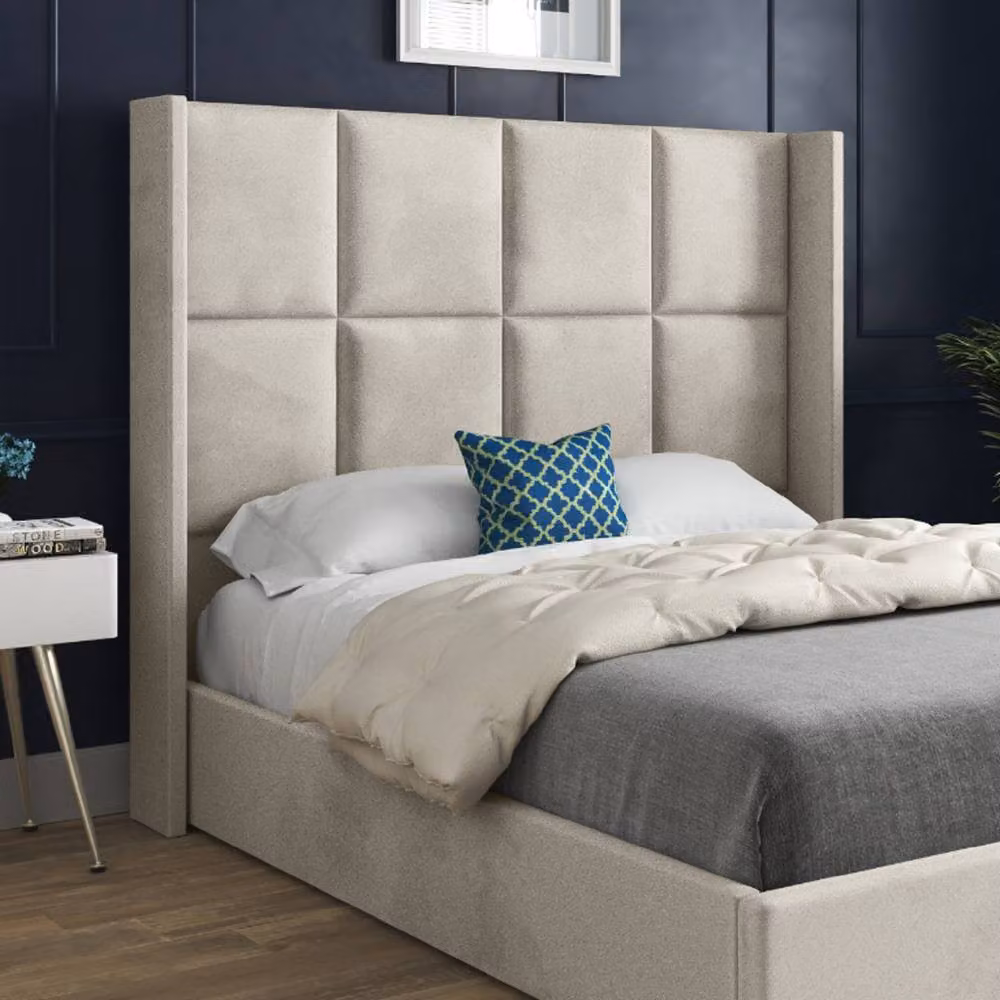 KDMD Stafford Winged Upholstered Designer Bed Frame in Beige Soft Velvet, Super King Size (200 x 200 cm) – 4