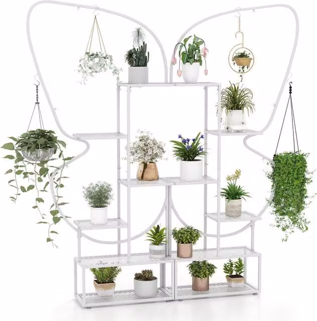 COSTWAY 6-Tier Butterfly-Shaped Metal Flowerpot Shelf in White, H 185 x W 26 x D 26 cm