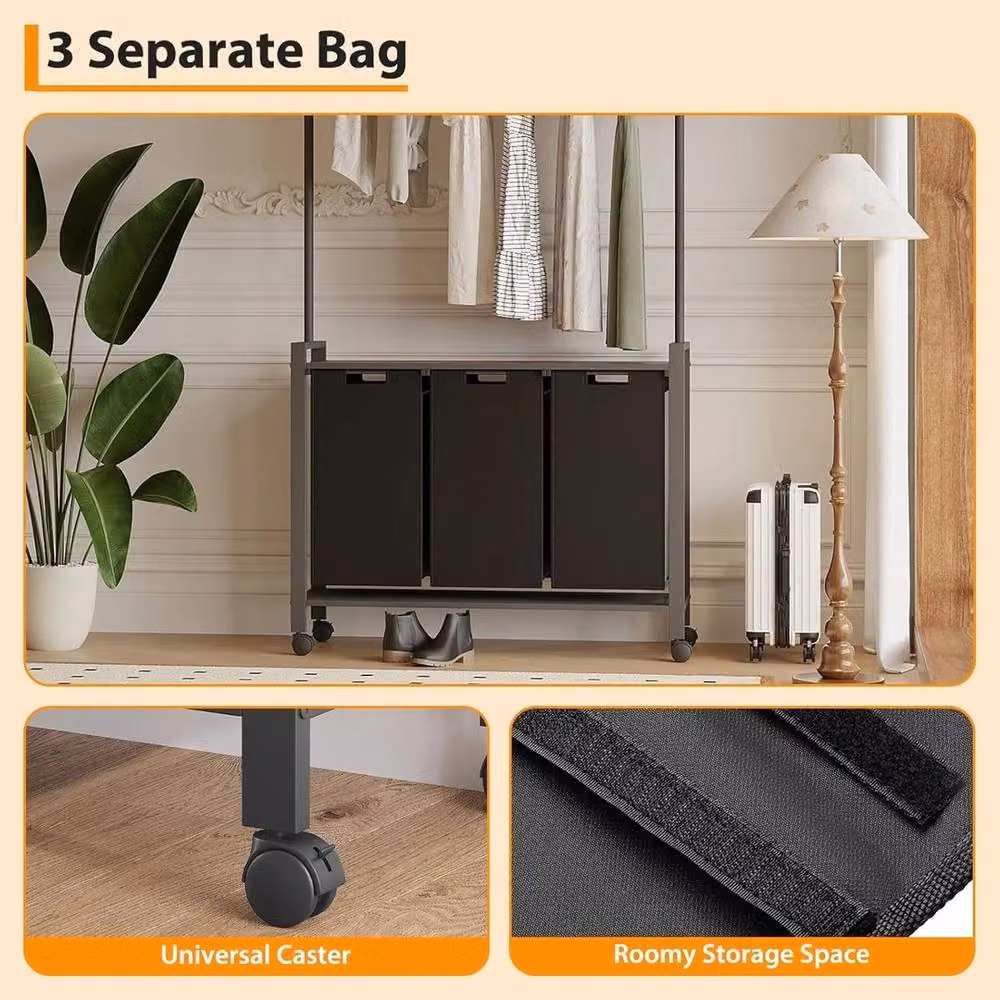 VOGREX 3-Compartment Pull-Out Metal Laundry Hamper with Removable Fabric Bags, Black, 49L – 6