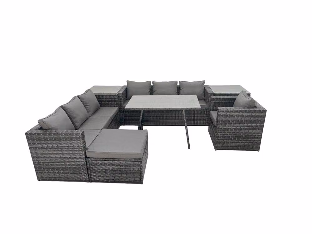 Fimous Rattan Dining Table, Sofa Set, 2 Side Tables and Big Footstool in Dark Grey – 2
