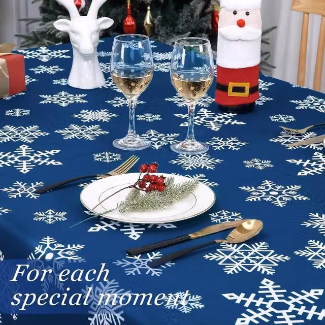 London Boutique Blue Snowflake Design Christmas Tablecloth in Washable Polyester