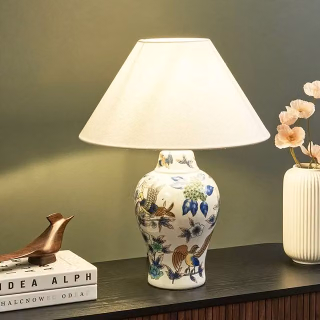 Wyld and Coco Ceramic Table Lamp with White and Blue Fabric Bell Shade – 1
